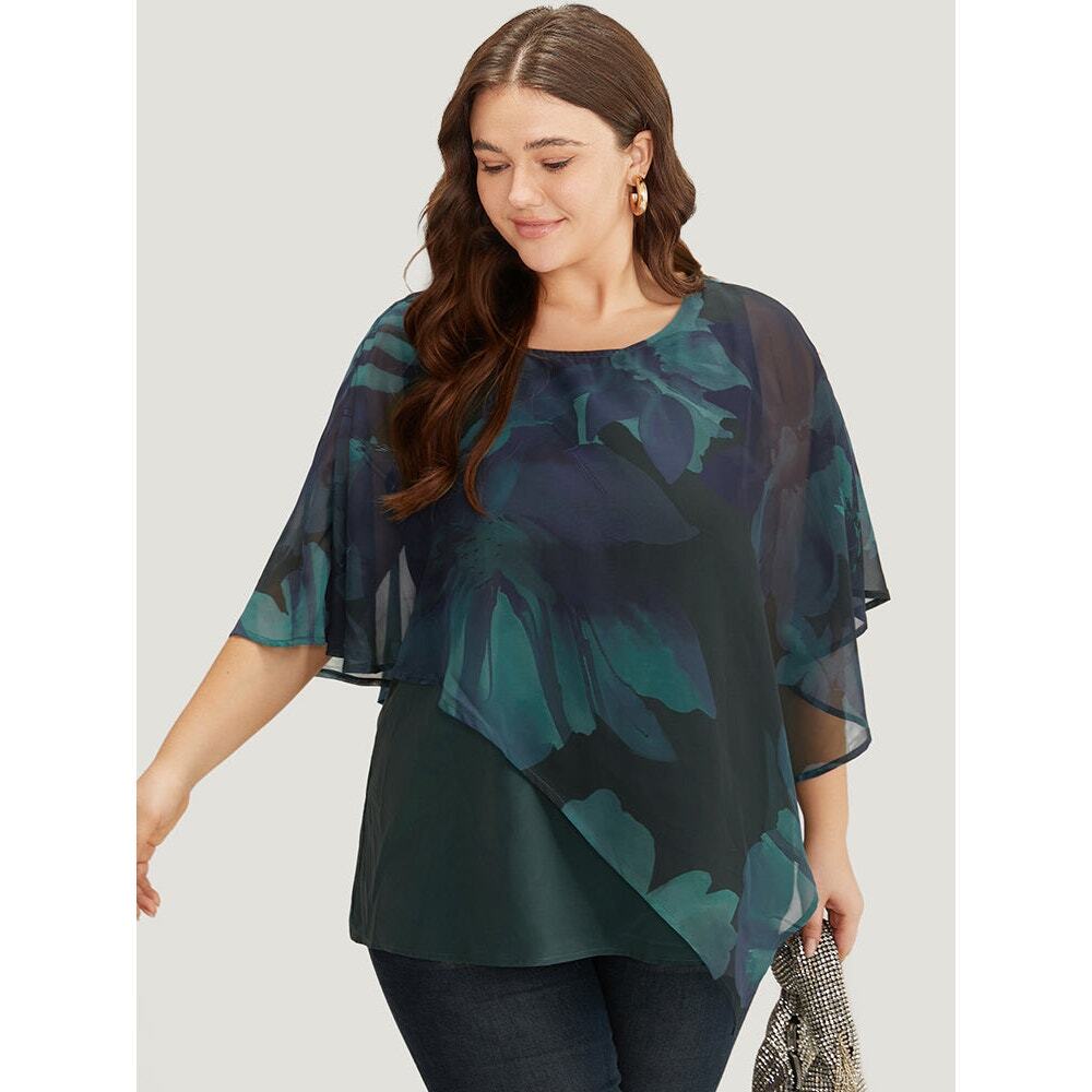Plus Size 18 - 20  2x  by BloomChic Floral Mesh Asymmetrical Blouse Top